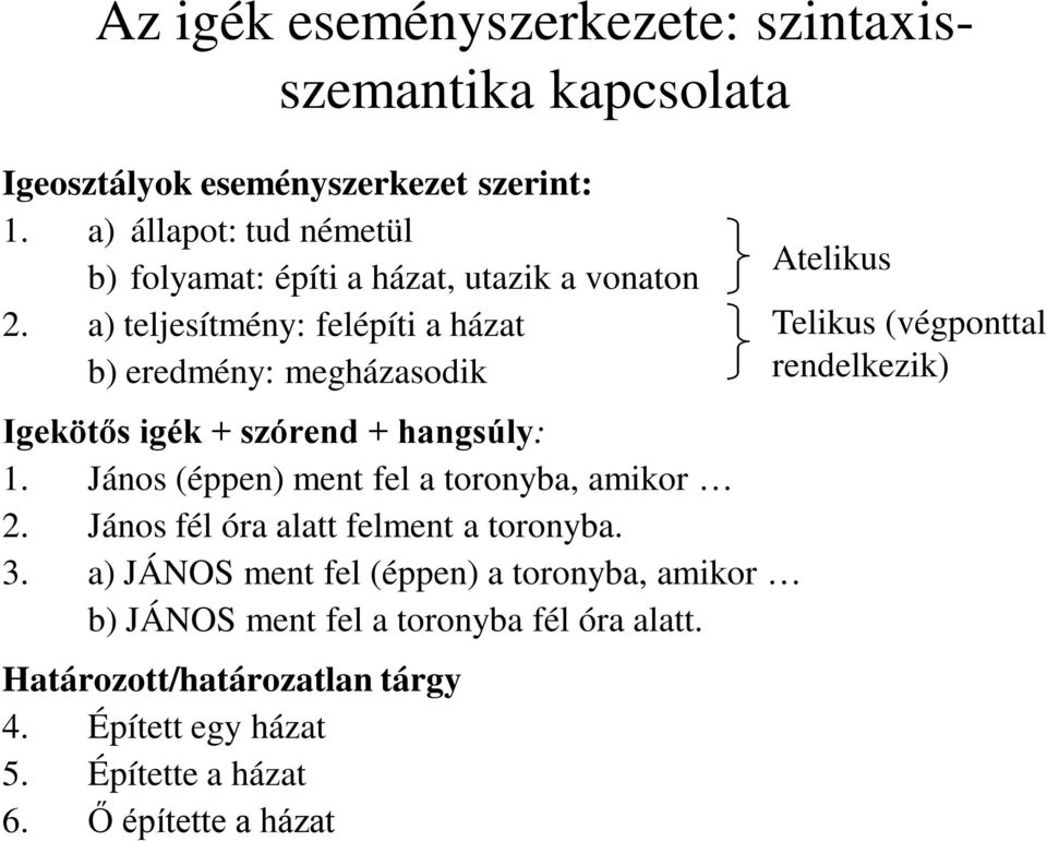 a) teljesítmény: felépíti a házat b) eredmény: megházasodik Igekötős igék + szórend + hangsúly: 1. János (éppen) ment fel a toronyba, amikor 2.