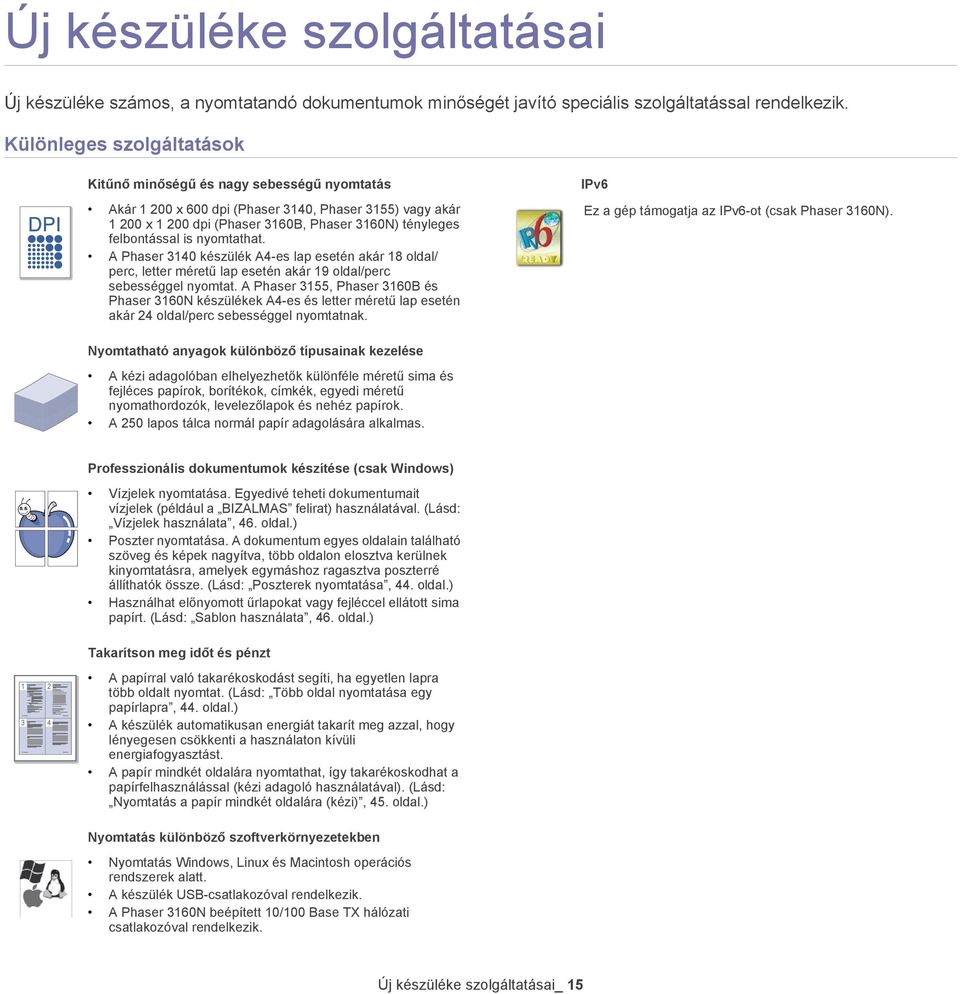 is nyomtathat. A Phaser 3140 készülék A4-es lap esetén akár 18 oldal/ perc, letter méretű lap esetén akár 19 oldal/perc sebességgel nyomtat.