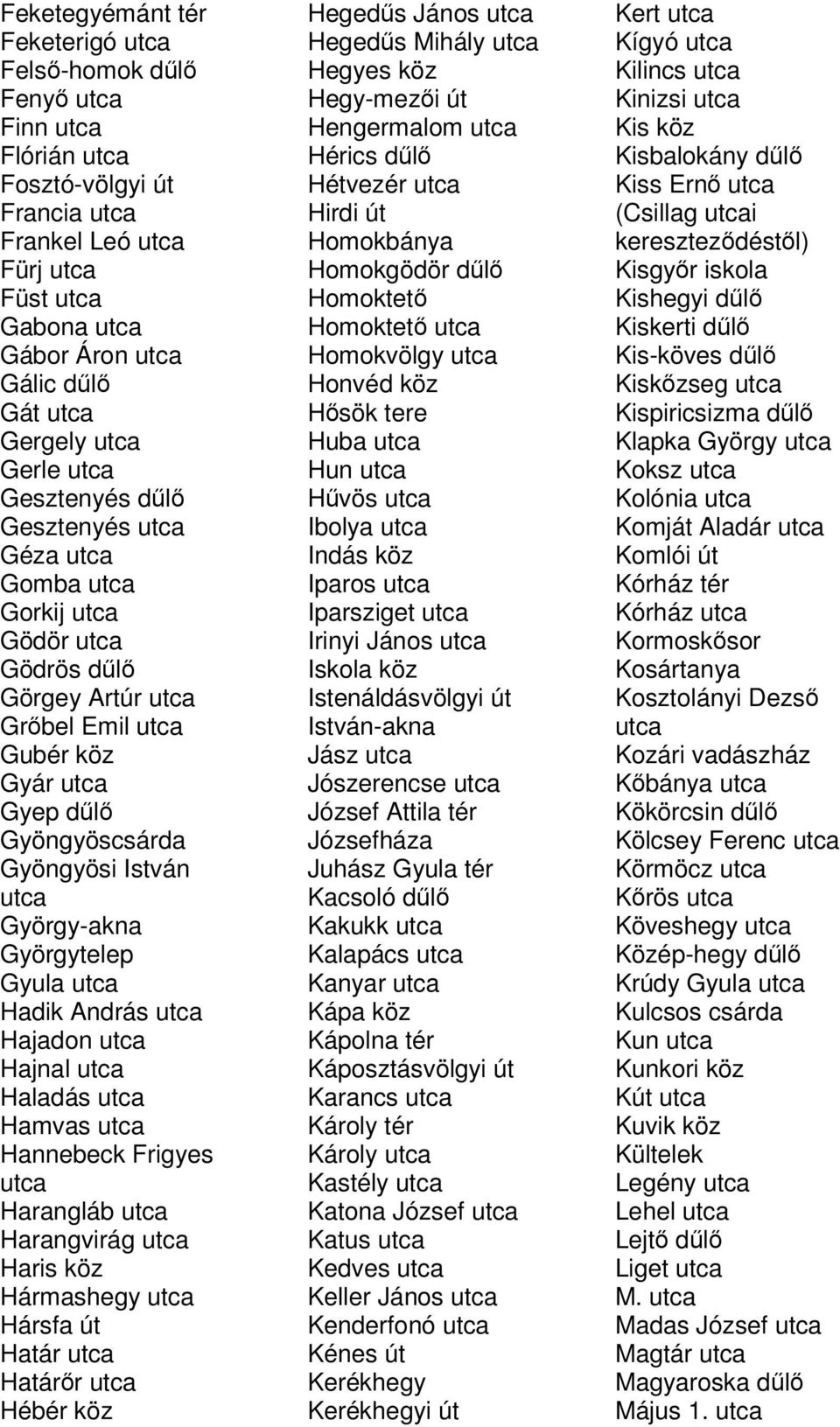 Harangvirág Haris köz Hármashegy Hársfa út Határ Határr Hébér köz Hegeds János Hegeds Mihály Hegyes köz Hegy-mezi út Hengermalom Hérics dl Hétvezér Hirdi út Homokbánya Homokgödör dl Homoktet Homoktet