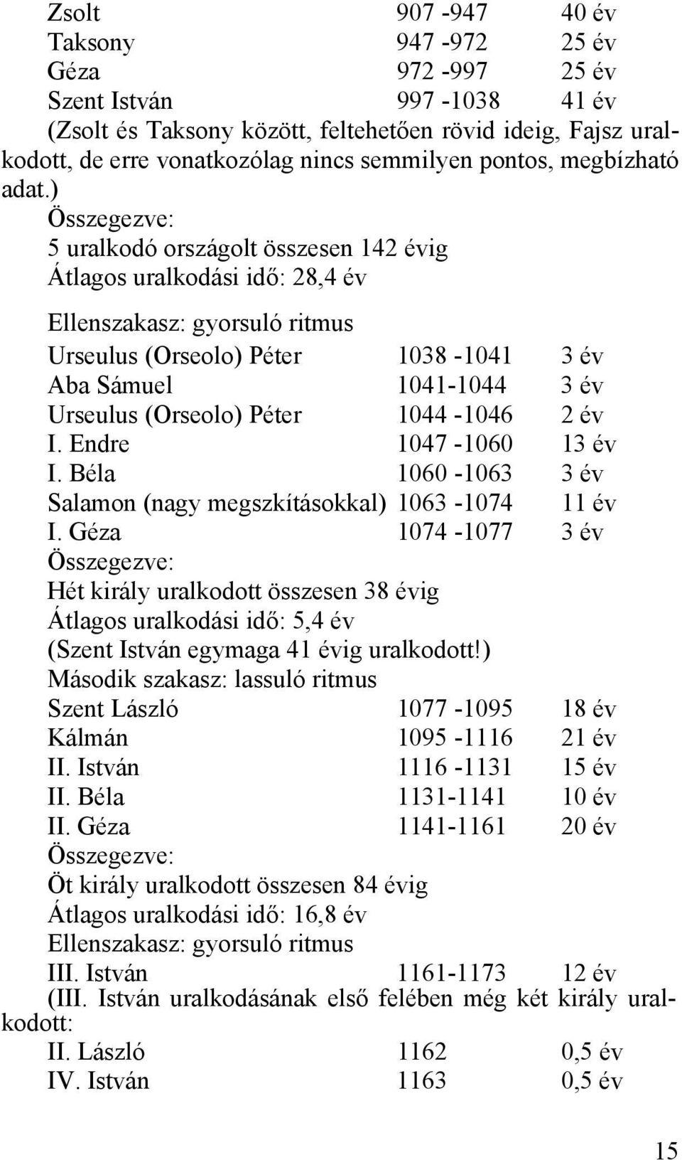 ) Összegezve: 5 uralkodó országolt összesen 142 évig Átlagos uralkodási idő: 28,4 év Ellenszakasz: gyorsuló ritmus Urseulus (Orseolo) Péter 1038-1041 3 év Aba Sámuel 1041-1044 3 év Urseulus (Orseolo)