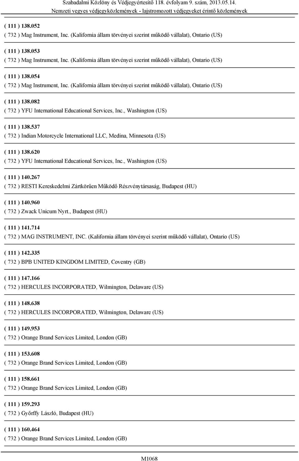 082 ( 732 ) YFU International Educational Services, Inc., Washington (US) ( 111 ) 138.537 ( 732 ) Indian Motorcycle International LLC, Medina, Minnesota (US) ( 111 ) 138.