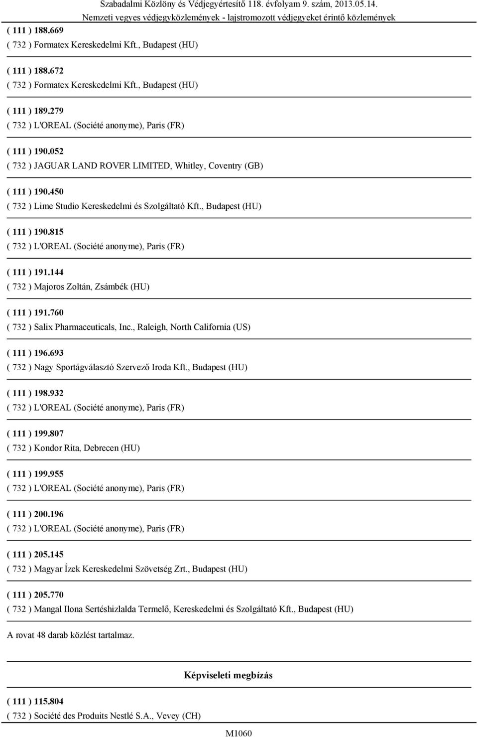 , Budapest (HU) ( 111 ) 190.815 ( 732 ) L'OREAL (Société anonyme), Paris (FR) ( 111 ) 191.144 ( 732 ) Majoros Zoltán, Zsámbék (HU) ( 111 ) 191.760 ( 732 ) Salix Pharmaceuticals, Inc.