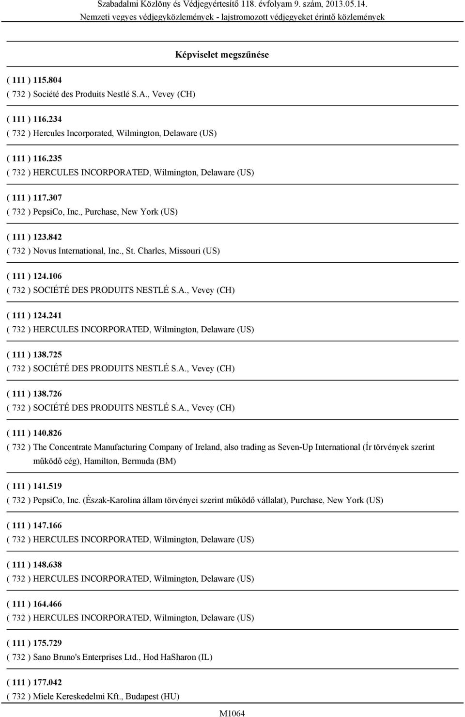 , Vevey (CH) ( 111 ) 124.241 ( 111 ) 138.725 ( 732 ) SOCIÉTÉ DES PRODUITS NESTLÉ S.A., Vevey (CH) ( 111 ) 138.726 ( 732 ) SOCIÉTÉ DES PRODUITS NESTLÉ S.A., Vevey (CH) ( 111 ) 140.