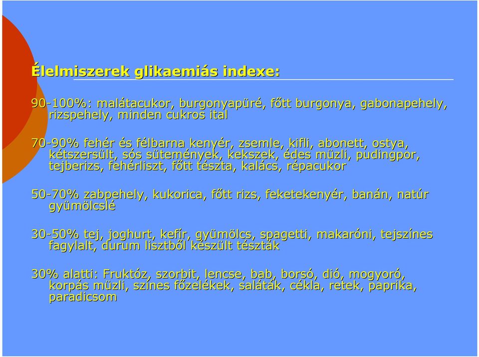 zabpehely, kukorica, főtt f rizs, feketekenyér, banán, n, natúr gyümölcsl lcslé 30-50% tej, joghurt, kefír,, gyümölcs, spagetti, makaróni, tejszínes fagylalt, durum
