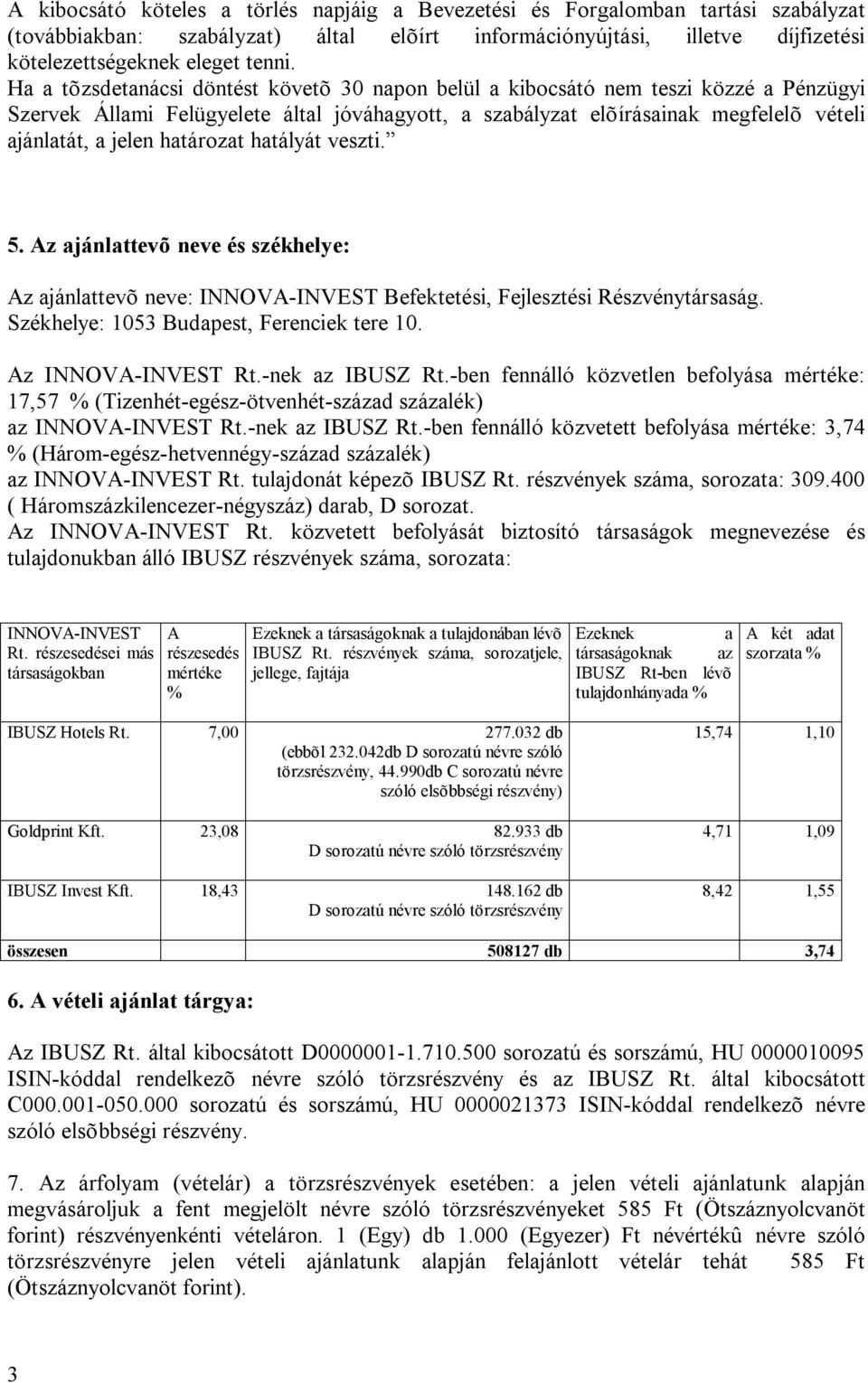 határozat hatályát veszti. 5. Az ajánlattevõ neve és székhelye: Az ajánlattevõ neve: INNOVA-INVEST Befektetési, Fejlesztési Részvénytársaság. Székhelye: 1053 Budapest, Ferenciek tere 10.