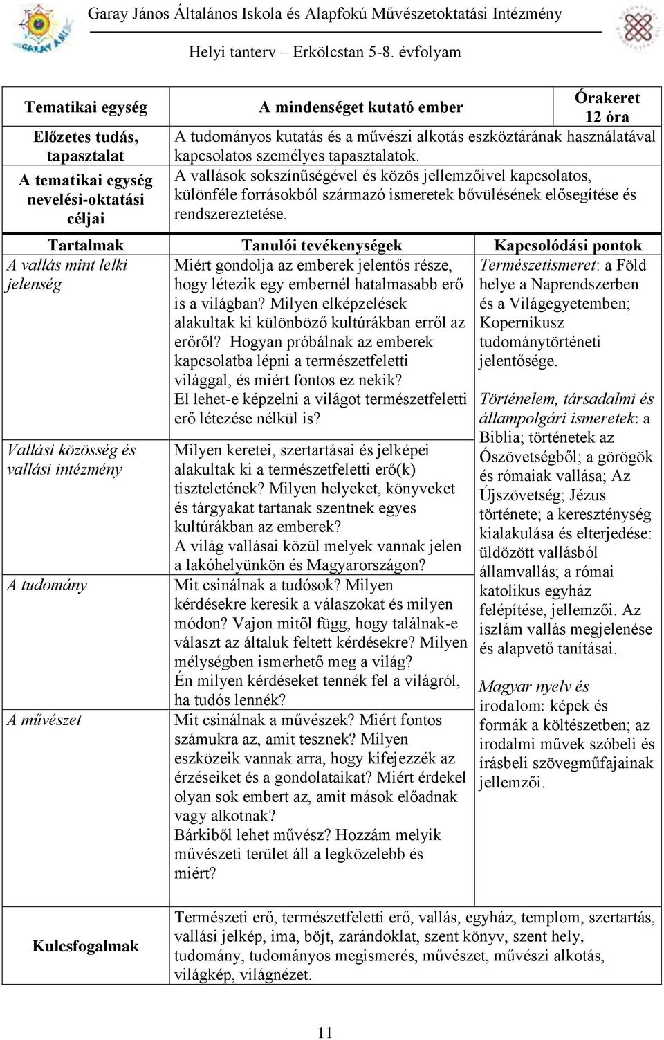 A vallások sokszínűségével és közös jellemzőivel kapcsolatos, különféle forrásokból származó ismeretek bővülésének elősegítése és rendszereztetése.