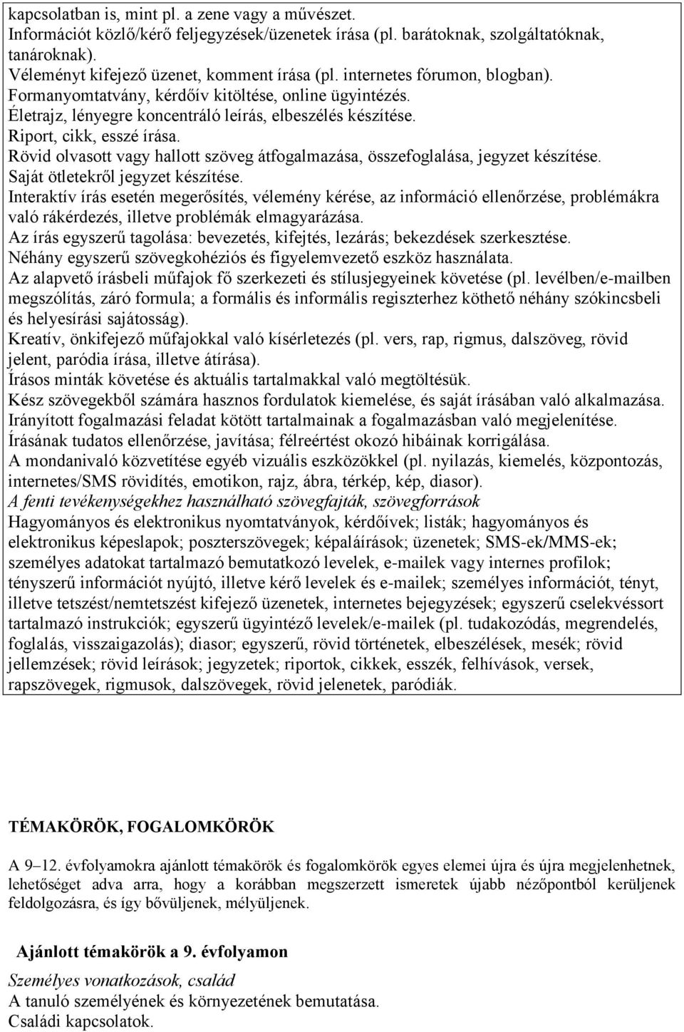Rövid olvasott vagy hallott szöveg átfogalmazása, összefoglalása, jegyzet készítése. Saját ötletekről jegyzet készítése.