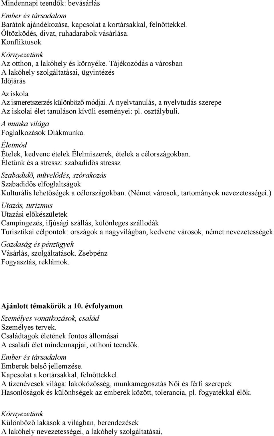 A nyelvtanulás, a nyelvtudás szerepe Az iskolai élet tanuláson kívüli eseményei: pl. osztálybuli. A munka világa Foglalkozások Diákmunka.
