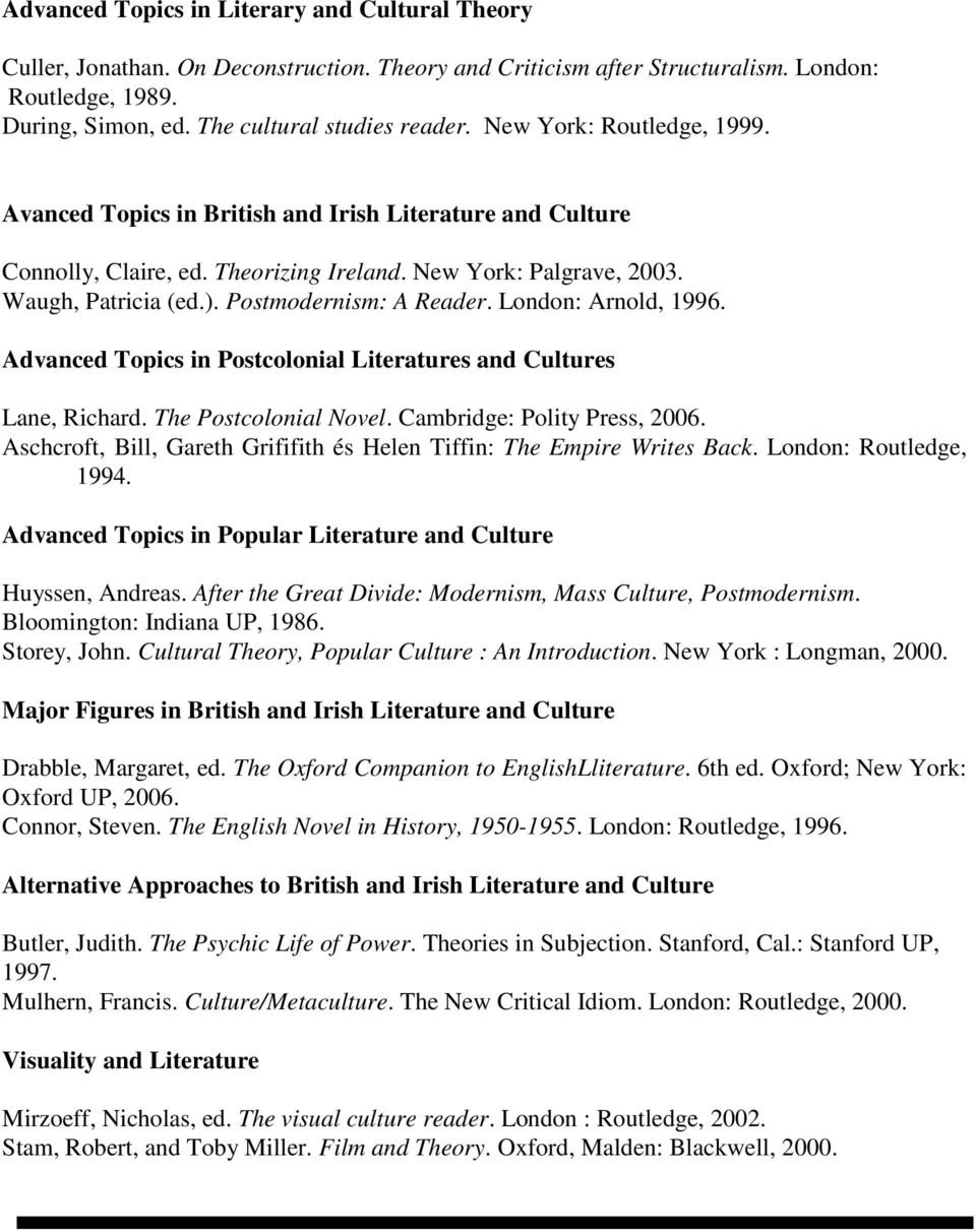 Postmodernism: A Reader. London: Arnold, 1996. Advanced Topics in Postcolonial Literatures and Cultures Lane, Richard. The Postcolonial Novel. Cambridge: Polity Press, 2006.