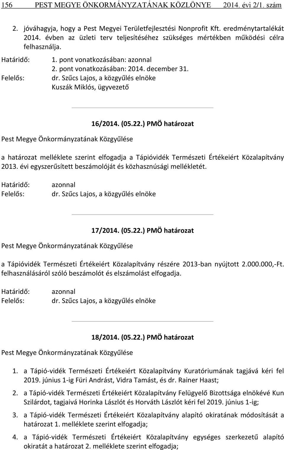 Szűcs Lajos, a közgyűlés elnöke Kuszák Miklós, ügyvezető Pest Megye Önkormányzatának Közgyűlése 16/2014. (05.22.