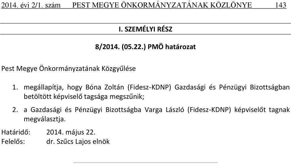 megállapítja, hogy Bóna Zoltán (Fidesz-KDNP) Gazdasági és Pénzügyi Bizottságban betöltött képviselő