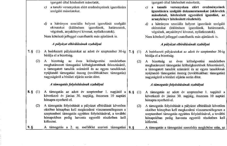 A pályázat elbírálásának szabályai 7. (1) A beérkezett pályázatokat az adott év szeptember 30-ig bírálja el a bizottság.