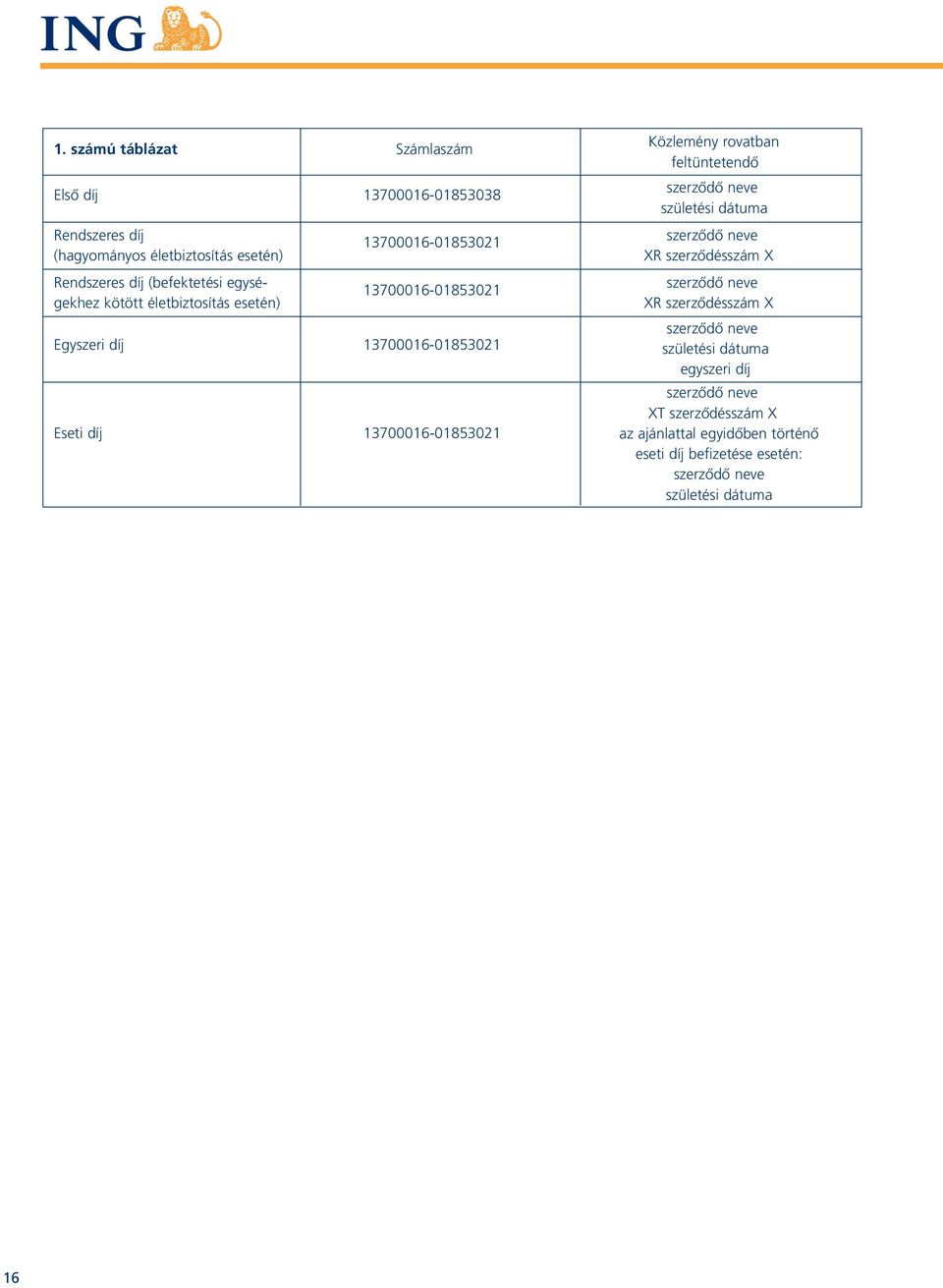 13700016-01853021 Eseti díj 13700016-01853021 Közlemény rovatban feltüntetendô születési dátuma XR szerzôdésszám X XR