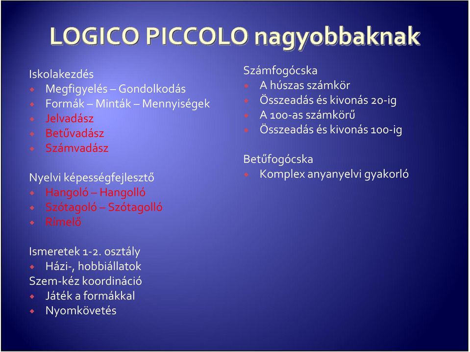 Összeadás és kivonás 20 ig A 100 as számkörű Összeadás és kivonás 100 ig Betűfogócska Komplex