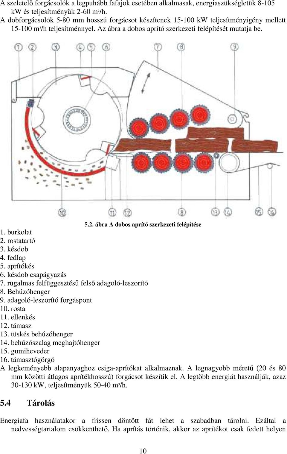 ábra A dobos aprító szerkezeti felépítése 1. burkolat 2. rostatartó 3. késdob 4. fedlap 5. aprítókés 6. késdob csapágyazás 7. rugalmas felfüggesztésű felső adagoló-leszorító 8. Behúzóhenger 9.