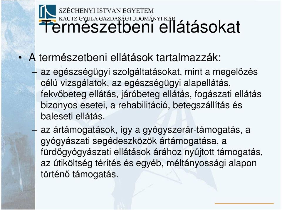 rehabilitáció, betegszállítás és baleseti ellátás.