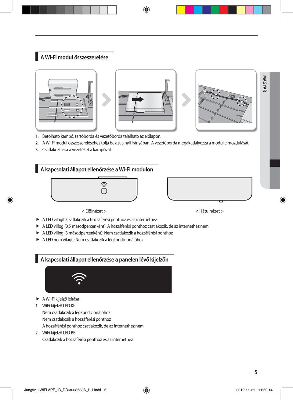 A kapcsolati állapot ellenőrzése a Wi-Fi modulon < Elölnézet > < Hátulnézet > f A LED világít: Csatlakozik a hozzáférési ponthoz és az internethez f A LED villog (0,5 másodpercenként): A hozzáférési