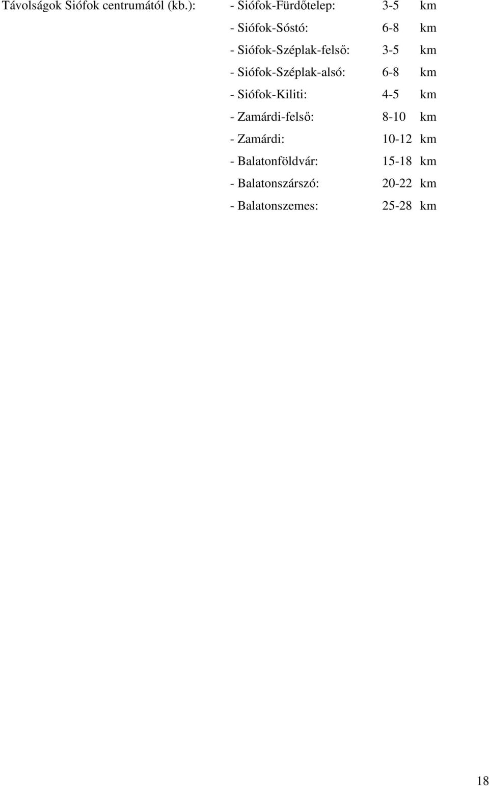 Siófok-Széplak-felsı: 3-5 km - Siófok-Széplak-alsó: 6-8 km -