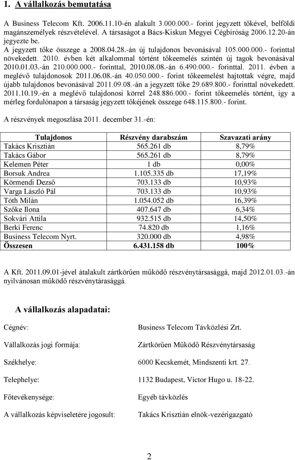 évben két alkalommal történt tőkeemelés szintén új tagok bevonásával 2010.01.03.-án 210.000.000.- forinttal, 2010.08.08.-án 6.490.000.- forinttal. 2011. évben a meglévő tulajdonosok 2011.06.08.-án 40.