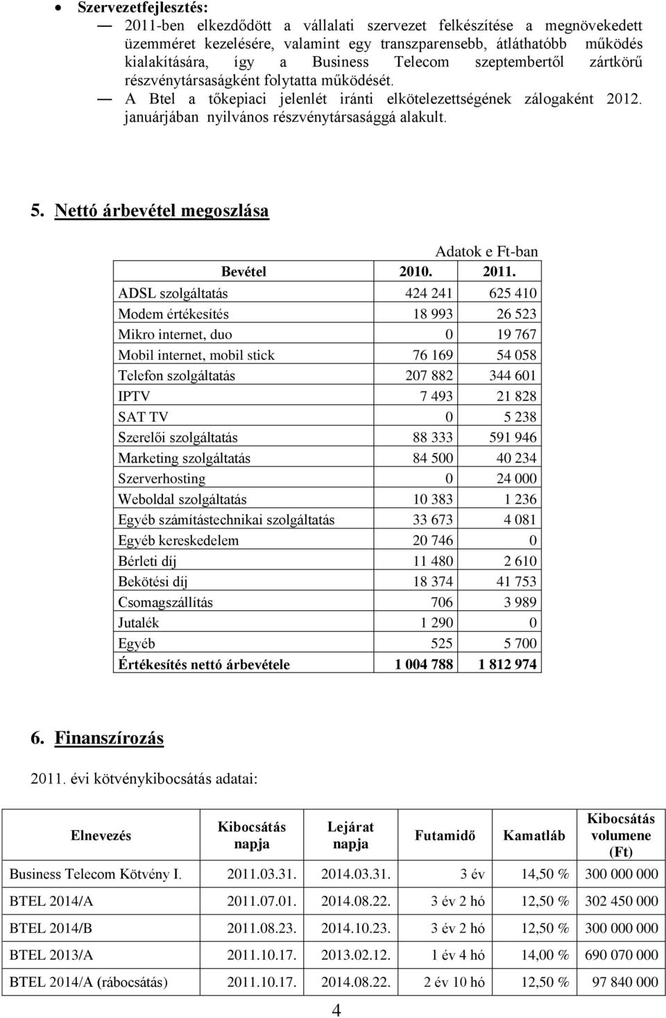 Nettó árbevétel megoszlása Adatok e Ft-ban Bevétel 2010. 2011.