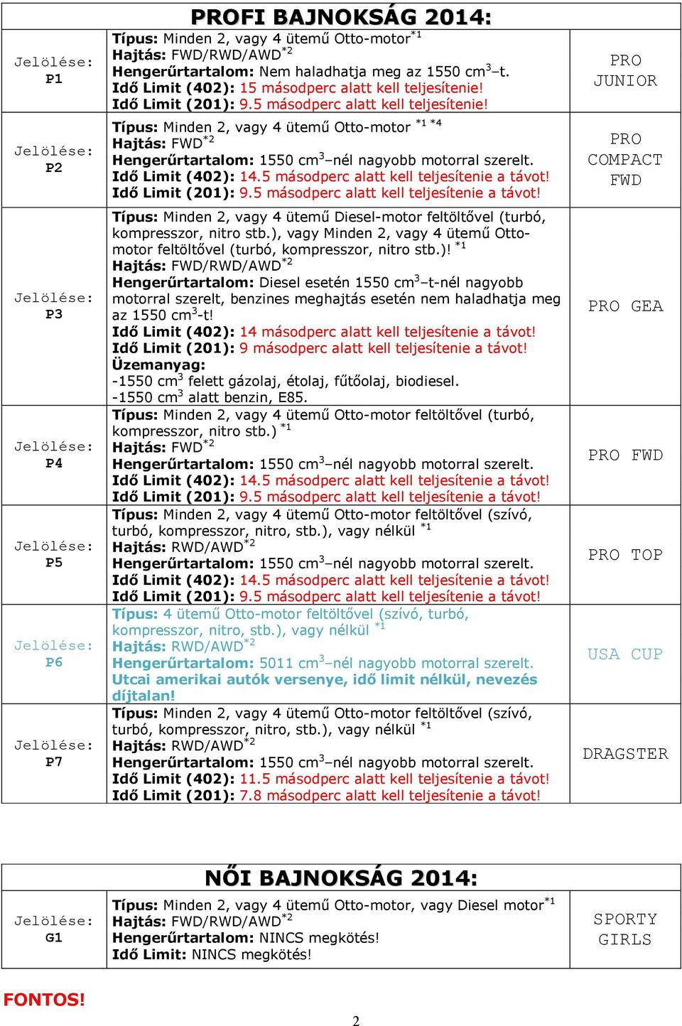 Idı Limit (201): 9.5 másodperc alatt kell teljesítenie! *1 *4 Típus: Minden 2, vagy 4 ütemű Otto-motor Hajtás: FWD *2 Hengerőrtartalom: 1550 cm 3 nél nagyobb motorral szerelt. Idı Limit (402): 14.