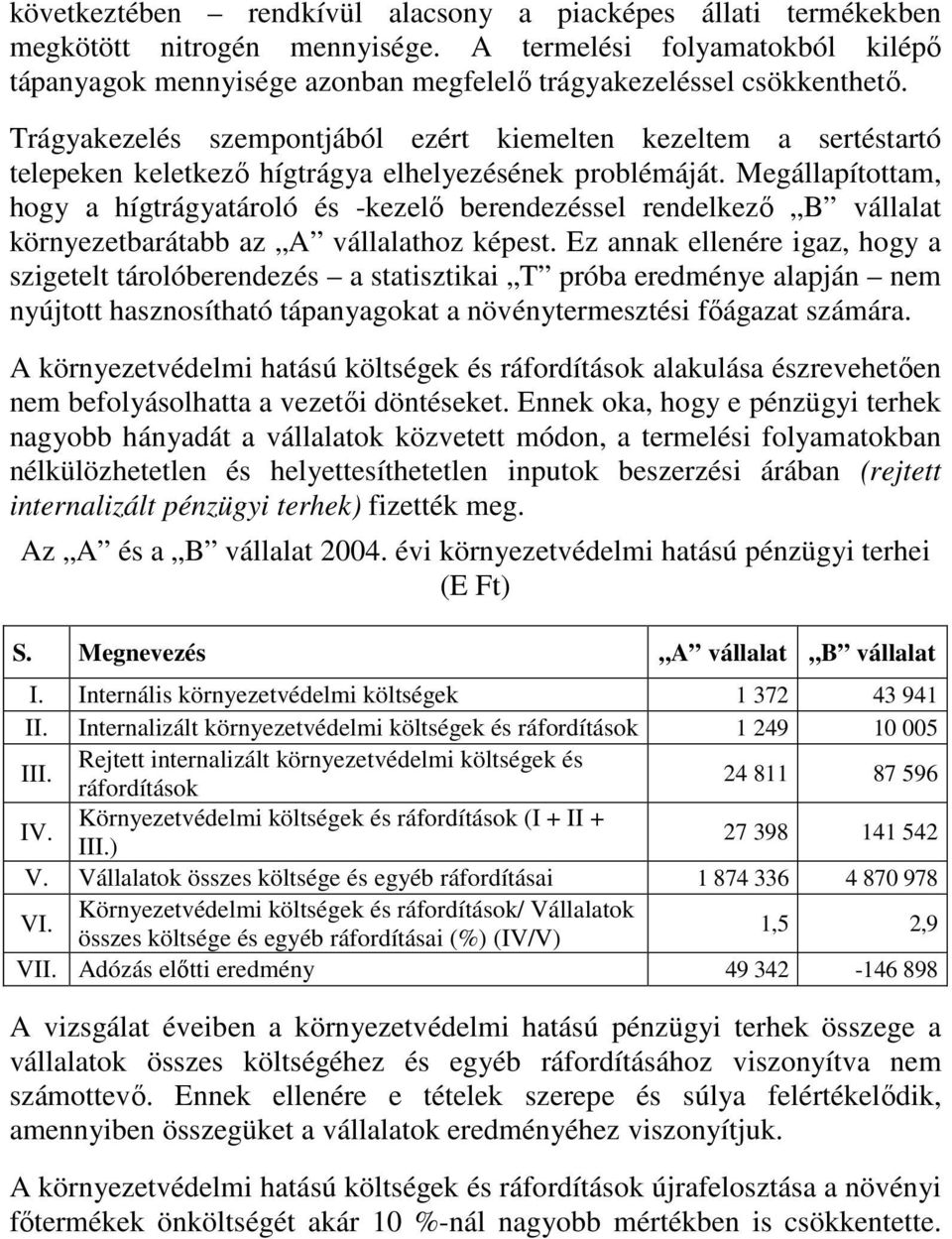 Megállapítottam, hogy a hígtrágyatároló és -kezelő berendezéssel rendelkező B vállalat környezetbarátabb az A vállalathoz képest.