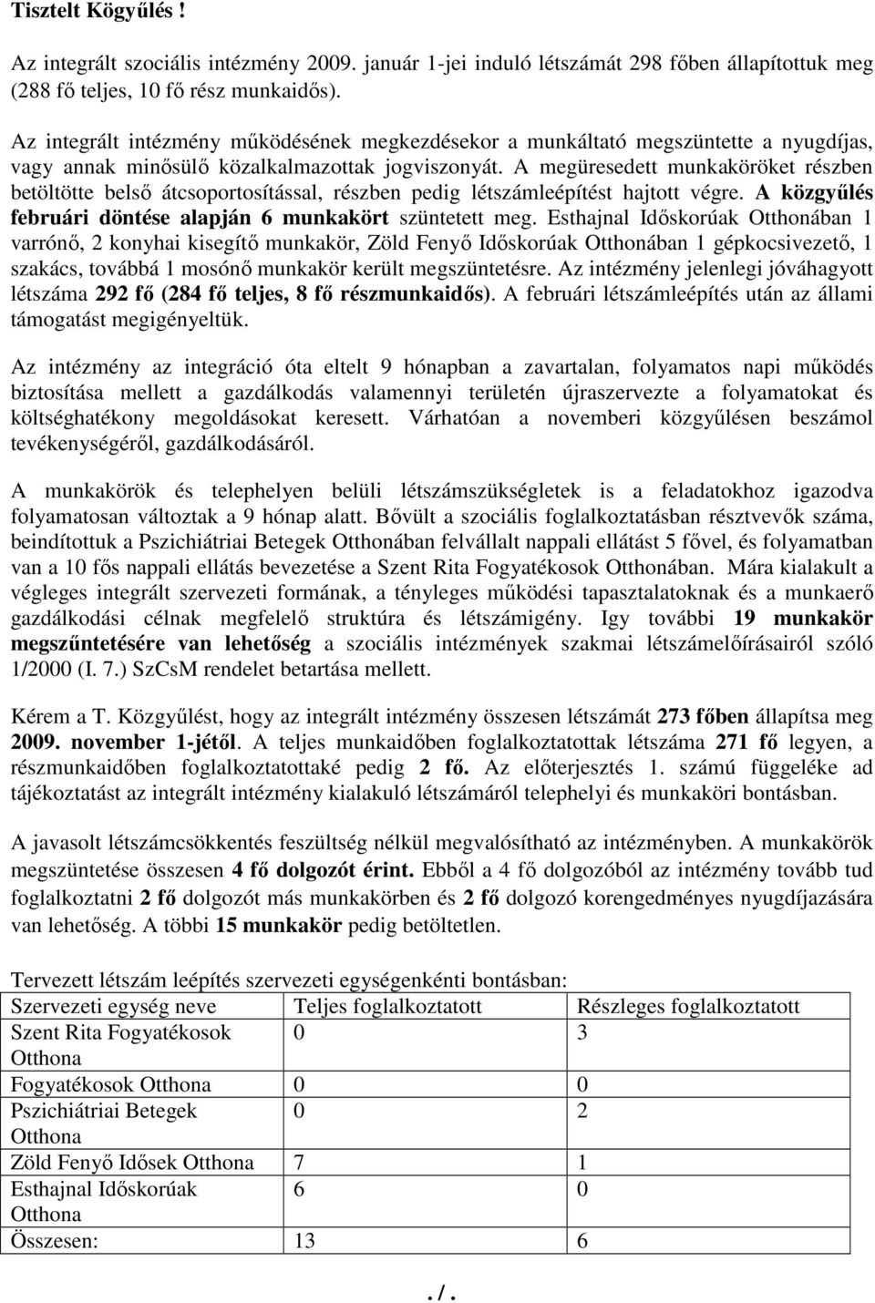 A megüresedett munkaköröket részben betöltötte belsı átcsoportosítással, részben pedig létszámleépítést hajtott végre. A közgyőlés februári döntése alapján 6 munkakört szüntetett meg.