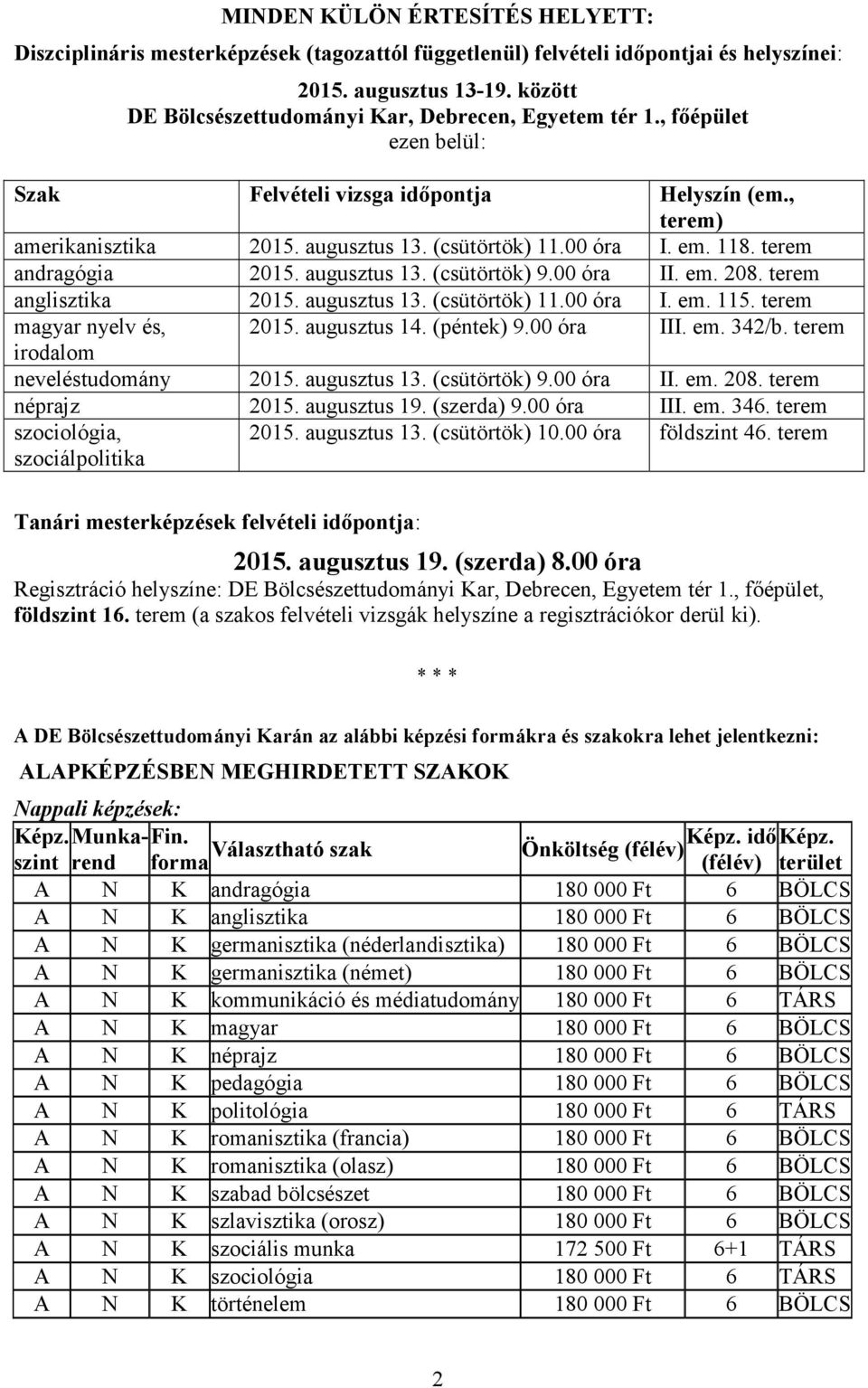 118. terem andragógia 2015. augusztus 13. (csütörtök) 9.00 óra II. em. 208. terem anglisztika 2015. augusztus 13. (csütörtök) 11.00 óra I. em. 115. terem magyar nyelv és, 2015. augusztus 14.