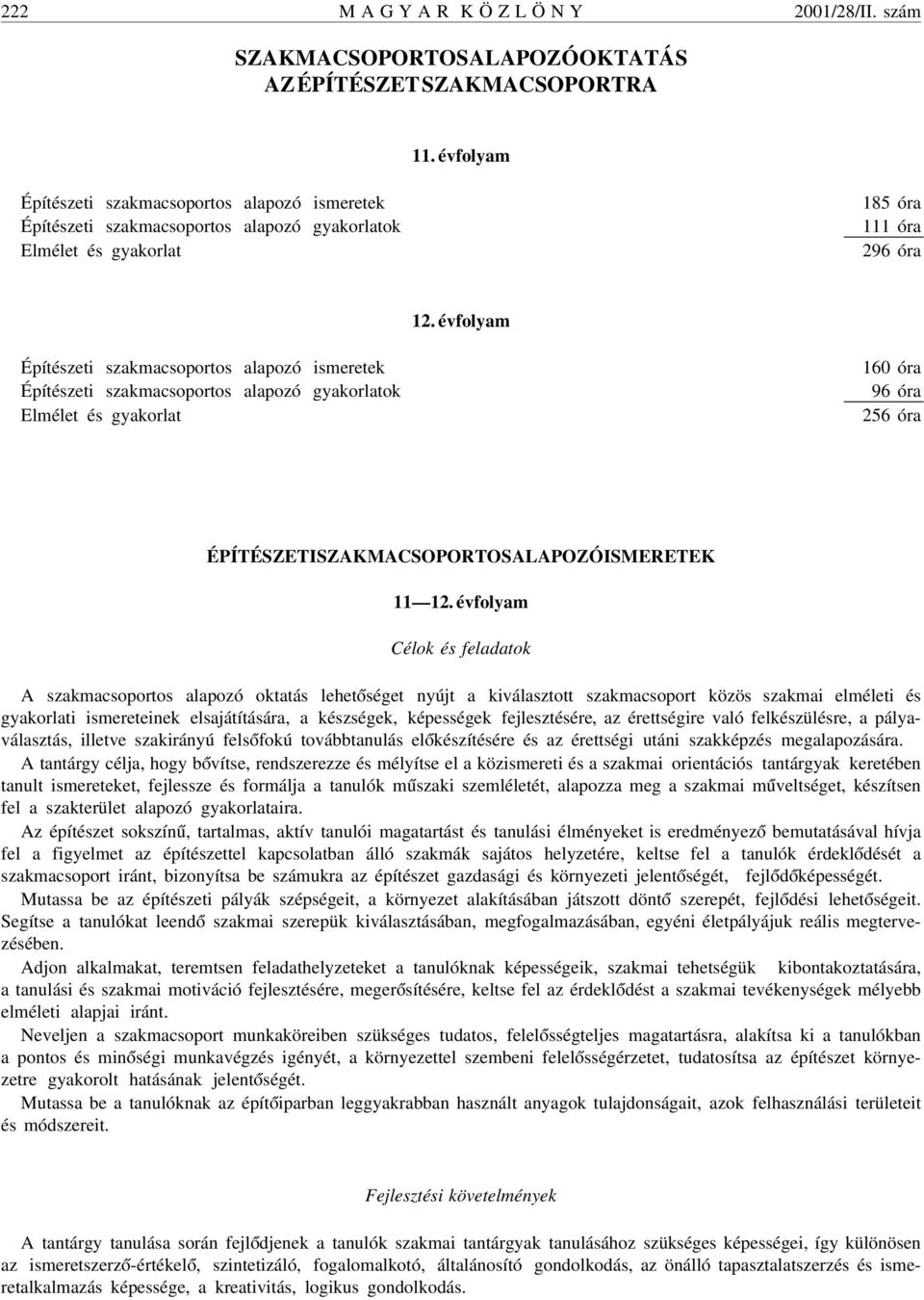 évfolyam Építészeti szakmacsoportos alapozó ismeretek Építészeti szakmacsoportos alapozó gyakorlatok Elmélet és gyakorlat 160 óra 96 óra 256 óra ÉPÍTÉSZETI SZAKMACSOPORTOS ALAPOZÓ ISMERETEK 11 12.