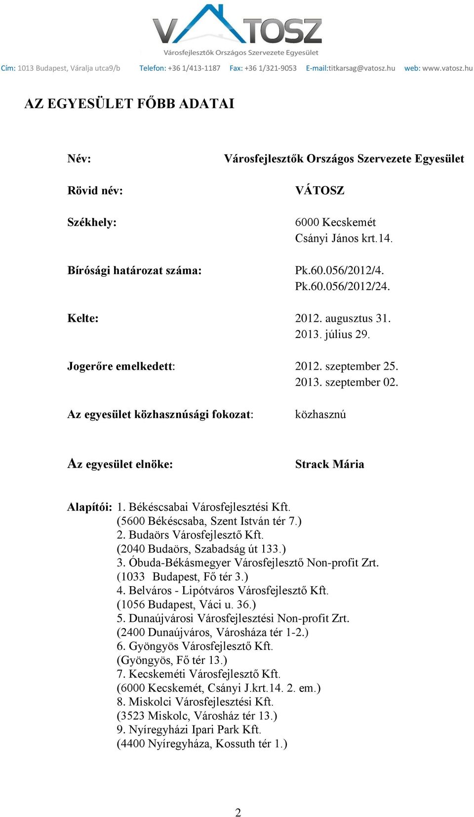 Békéscsabai Városfejlesztési Kft. (5600 Békéscsaba, Szent István tér 7.) 2. Budaörs Városfejlesztő Kft. (2040 Budaörs, Szabadság út 133.) 3. Óbuda-Békásmegyer Városfejlesztő Non-profit Zrt.