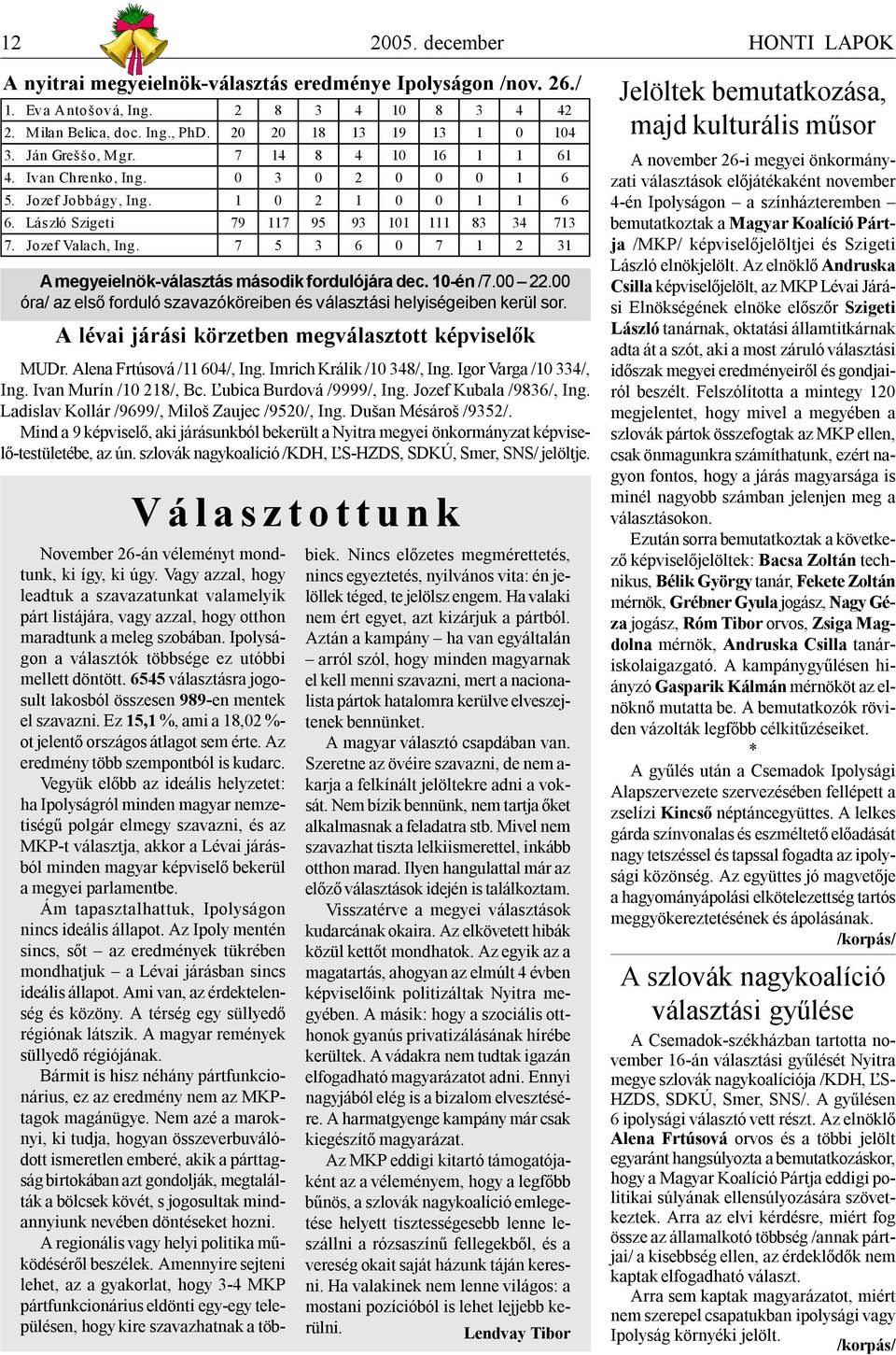 7 5 3 6 0 7 1 2 31 A megyeielnök-választás második fordulójára dec. 10-én /7.00 22.00 óra/ az első forduló szavazóköreiben és választási helyiségeiben kerül sor.