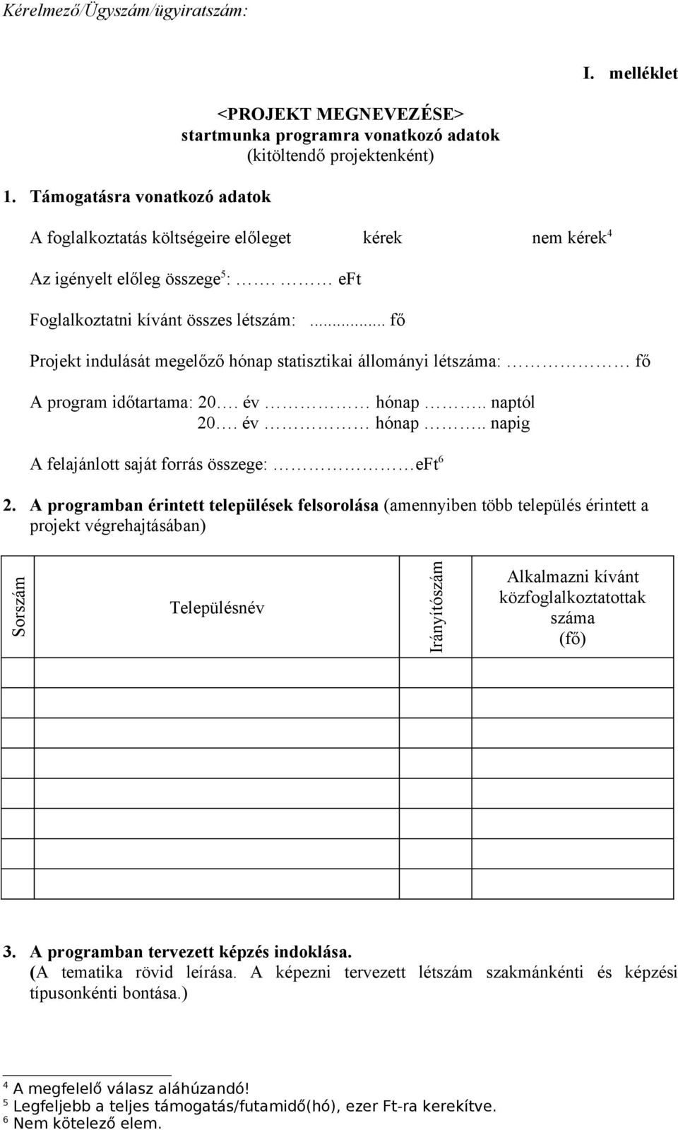 5 :. eft Foglalkoztatni kívánt összes létszám:... fő Projekt indulását megelőző hónap statisztikai állományi létszáma: fő A program időtartama: 20. év hónap.