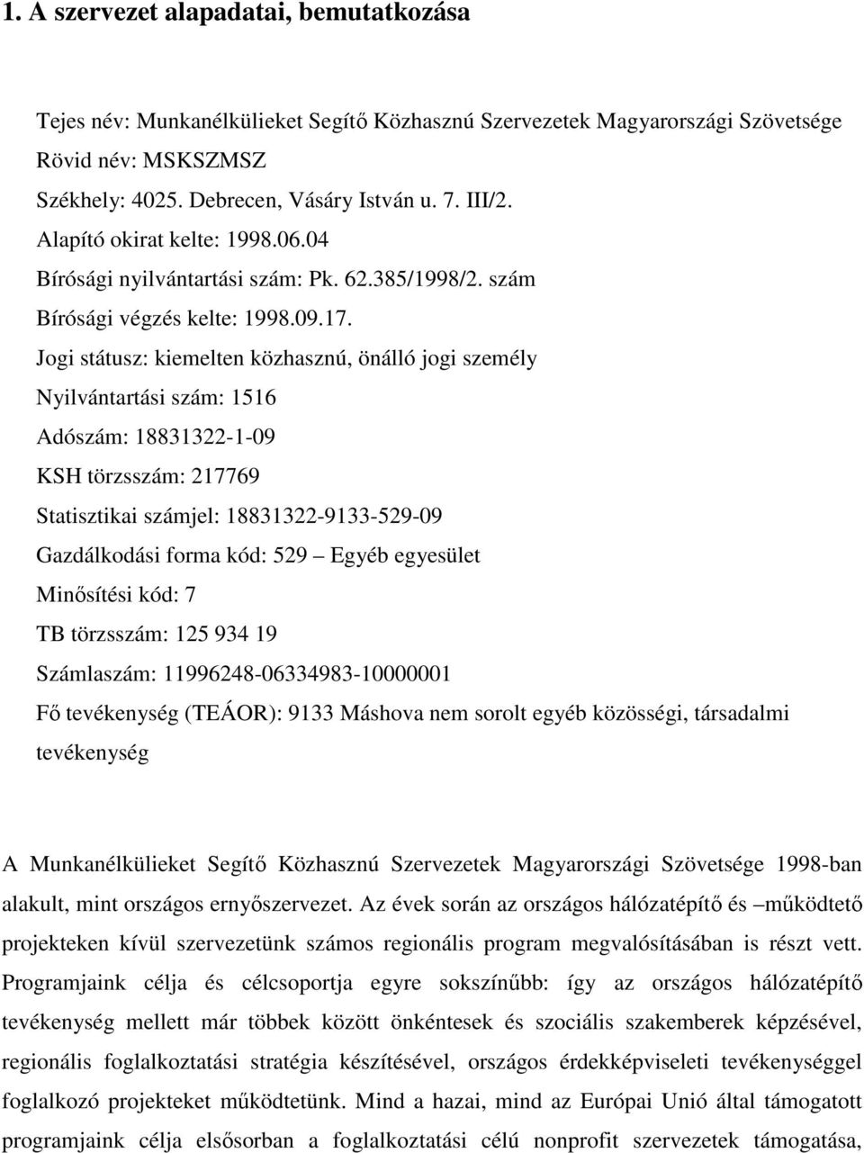 Jogi státusz: kiemelten közhasznú, önálló jogi személy Nyilvántartási szám: 1516 Adószám: 18831322-1-09 KSH törzsszám: 217769 Statisztikai számjel: 18831322-9133-529-09 Gazdálkodási forma kód: 529