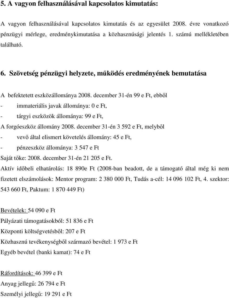 Szövetség pénzügyi helyzete, mőködés eredményének bemutatása A befektetett eszközállománya 2008.