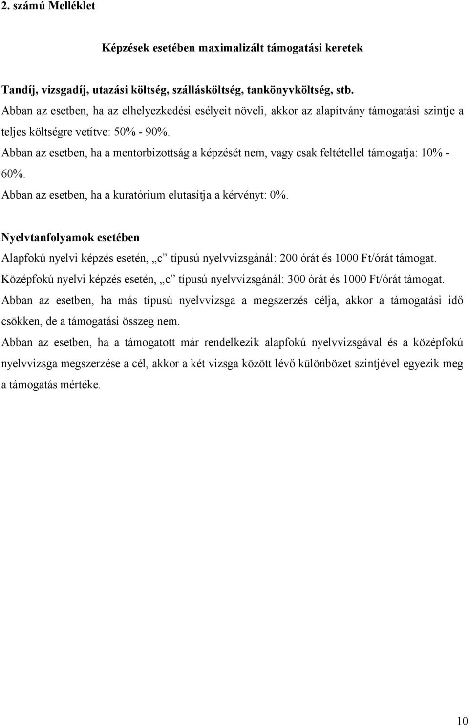 Abban az esetben, ha a mentorbizottság a képzését nem, vagy csak feltétellel támogatja: 10% - 60%. Abban az esetben, ha a kuratórium elutasítja a kérvényt: 0%.