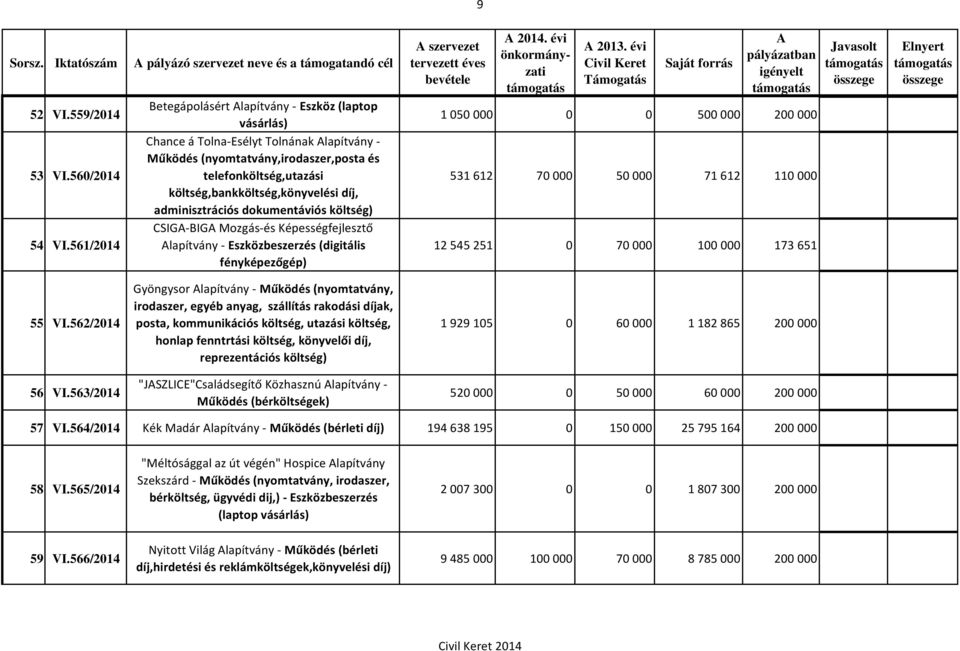 díj, adminisztrációs dokumentáviós költség) CSIG-BIG Mozgás-és Képességfejlesztő lapítvány - Eszközbeszerzés (digitális fényképezőgép) 9 szervezet 2014. évi 2013.