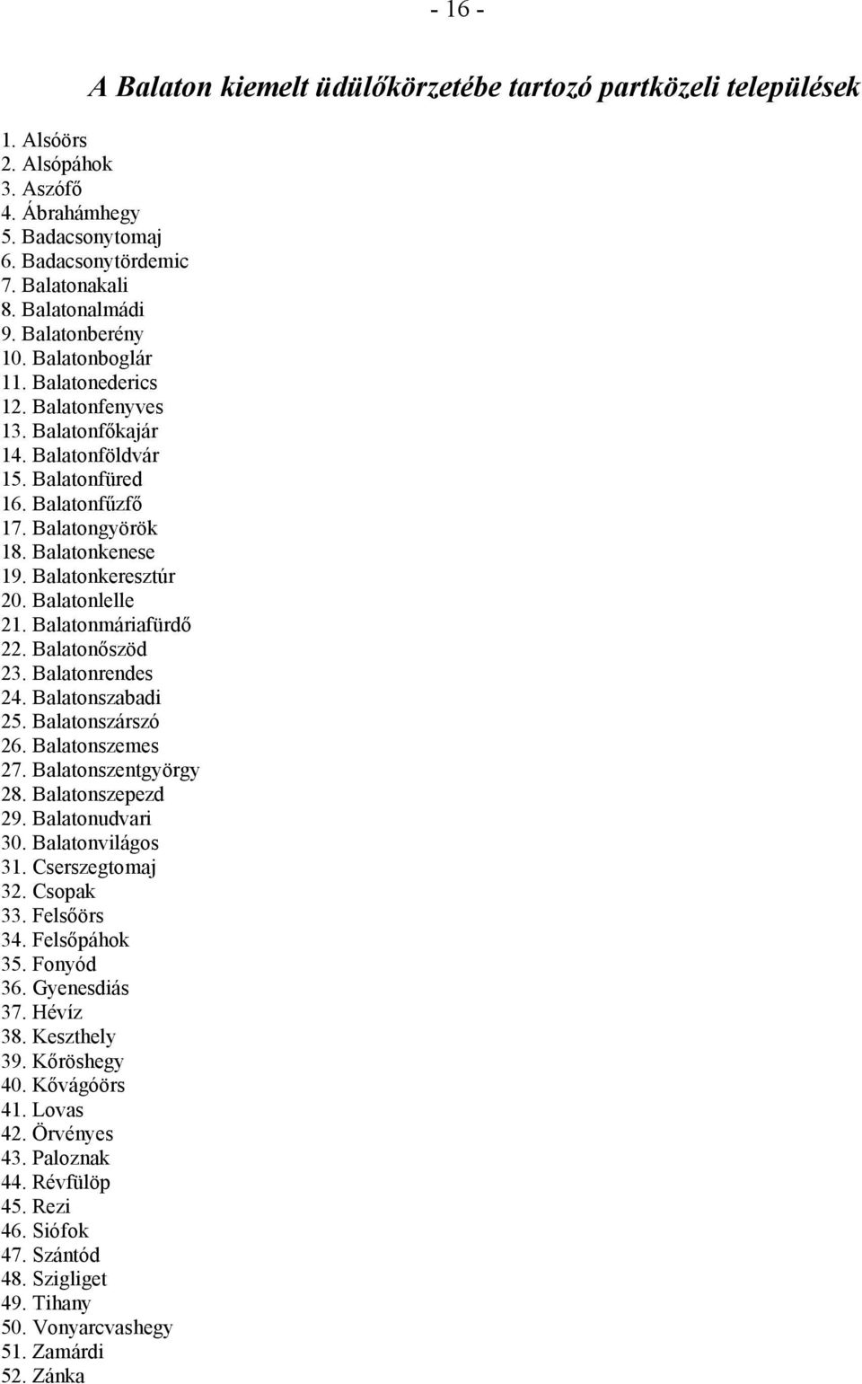 Balatonkeresztúr 20. Balatonlelle 21. Balatonmáriafürdő 22. Balatonőszöd 23. Balatonrendes 24. Balatonszabadi 25. Balatonszárszó 26. Balatonszemes 27. Balatonszentgyörgy 28. Balatonszepezd 29.