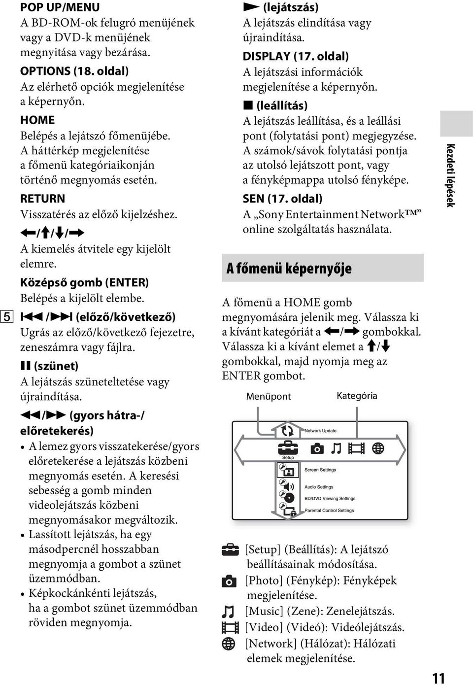 Középső gomb (ENTER) Belépés a kijelölt elembe. E./> (előző/következő) Ugrás az előző/következő fejezetre, zeneszámra vagy fájlra. X (szünet) A lejátszás szüneteltetése vagy újraindítása.