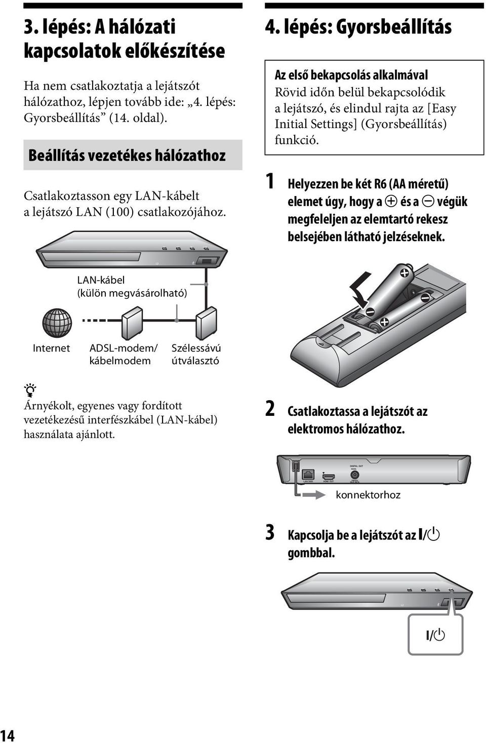 lépés: Gyorsbeállítás Az első bekapcsolás alkalmával Rövid időn belül bekapcsolódik a lejátszó, és elindul rajta az [Easy Initial Settings] (Gyorsbeállítás) funkció.