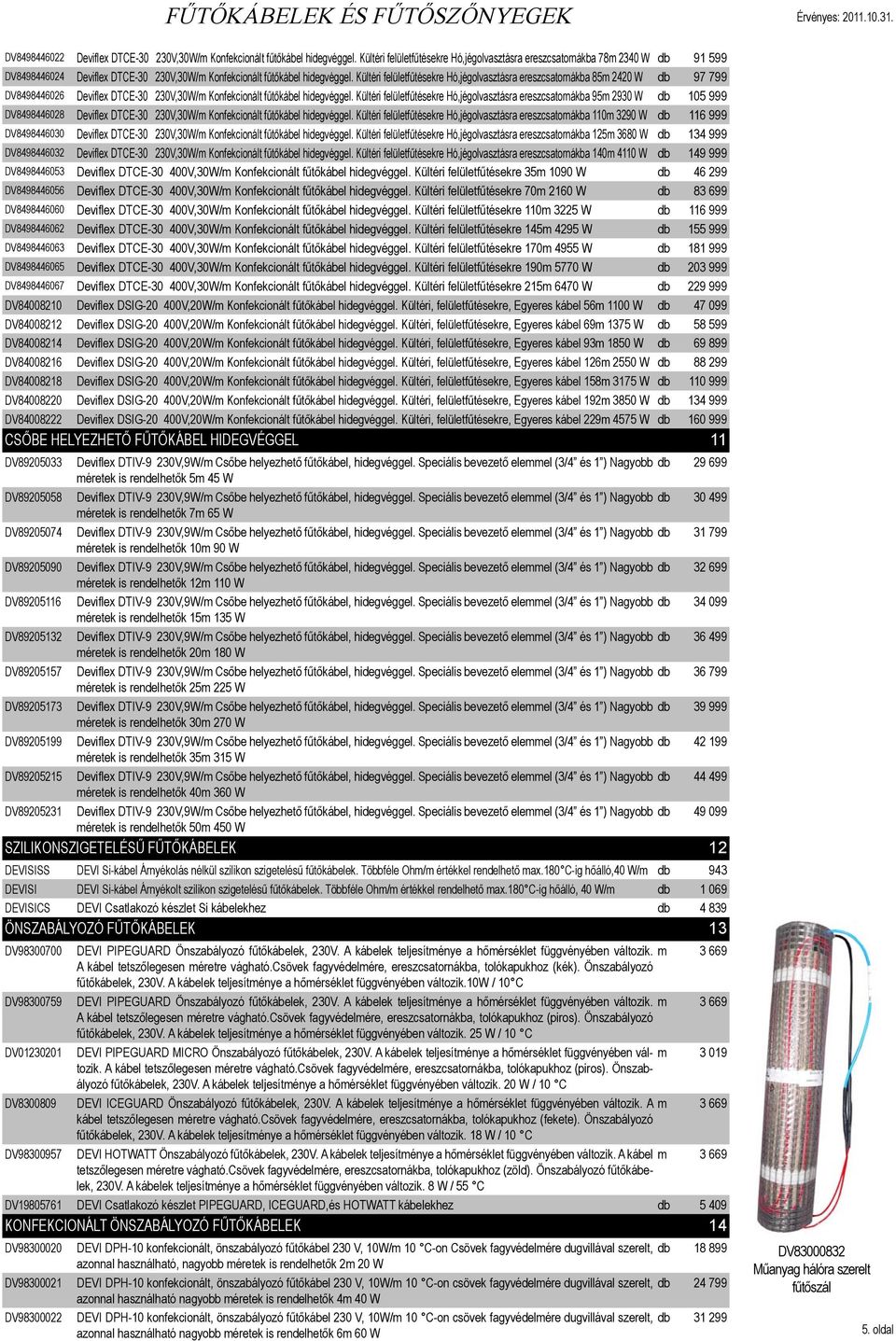 Kültéri felületfűtésekre Hó,jégolvasztásra ereszcsatornákba 85m 2420 W db 97 799 DV8498446026 Deviflex DTCE-30 230V,30W/m Konfekcionált fűtőkábel hidegvéggel.