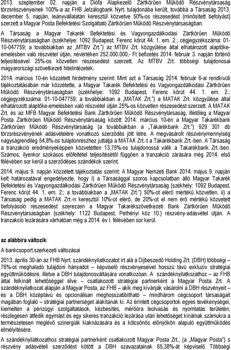 A Társaság a Magyar Takarék Befektetési és Vagyongazdálkodási Zártkörűen Működő Részvénytársaságban (székhelye: 1092 Budapest, Ferenc körút 44. 1. em. 2.