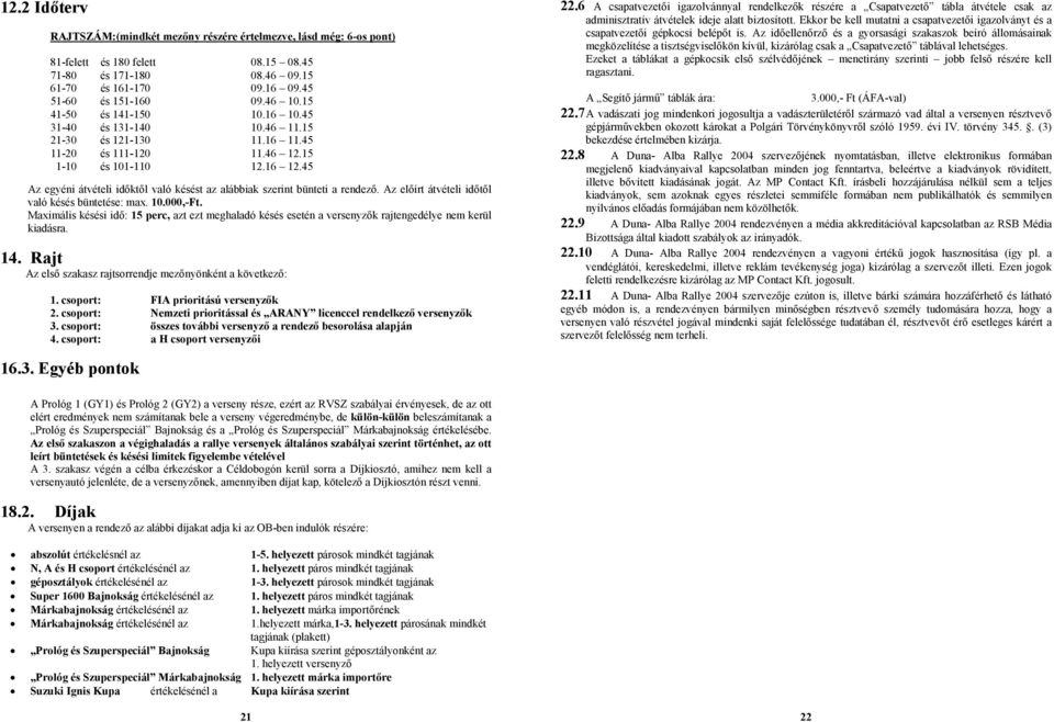 45 Az egyéni átvételi időktől való késést az alábbiak szerint bünteti a rendező. Az előírt átvételi időtől való késés büntetése: max. 10.000,-Ft.