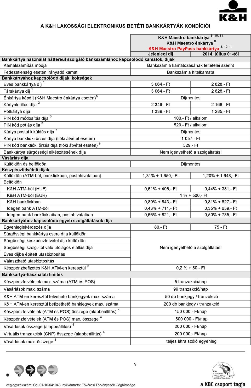 Bankszámla hitelkamata Bankkártyához kapcsolódó díjak, költségek Éves bankkártya díj 1 3 064,- Ft 2 828,- Ft Társkártya díj 1 3 064,- Ft 2 828,- Ft Énkártya képdíj (K&H Maestro énkártya esetén) 5