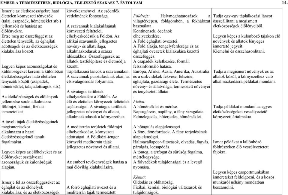 Legyen képes azonosságokat és különbségeket keresni a különböző életközösségekre ható élettelen tényezők között (csapadék, hőmérséklet, talajadottságok stb.).