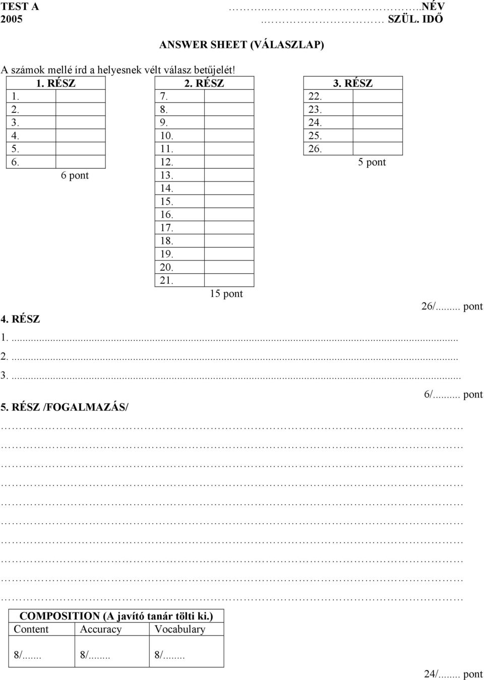 RÉSZ 1. 7. 22. 2. 8. 23. 3. 9. 24. 4. 10. 25. 5. 11. 26. 6. 12. 5 pont 6 pont 13. 14. 15. 16. 17. 18. 19.