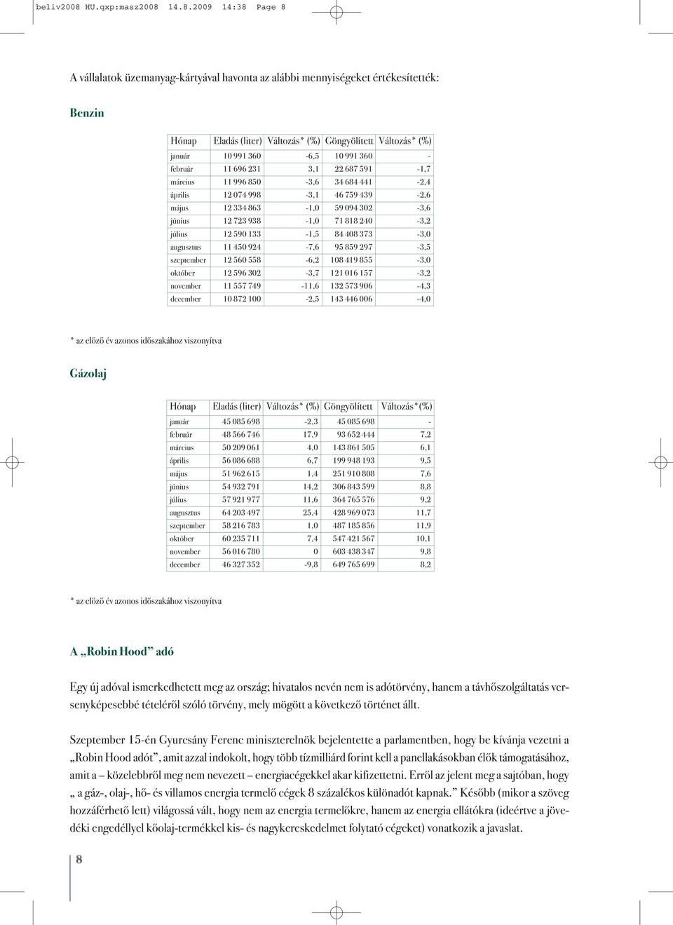14.8.2009 14:38 Page 8 A vállalatok üzemanyag-kártyával havonta az alábbi mennyiségeket értékesítették: Benzin Hónap Eladás (liter) Változás* (%) Göngyölített Változás* (%) január 10 991 360-6,5 10