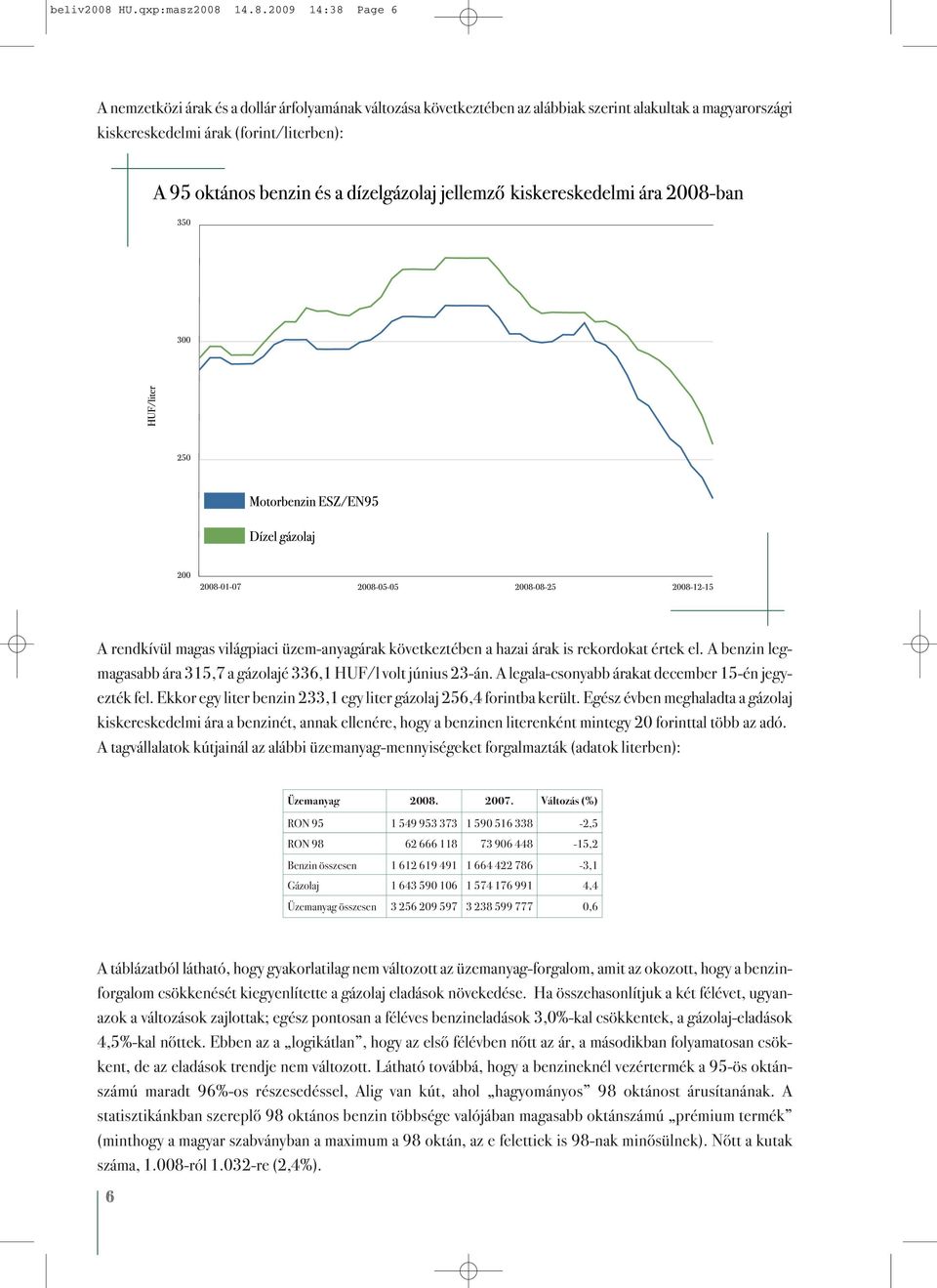 14.8.2009 14:38 Page 6 A nemzetközi árak és a dollár árfolyamának változása következtében az alábbiak szerint alakultak a magyarországi kiskereskedelmi árak (forint/literben): A rendkívül magas
