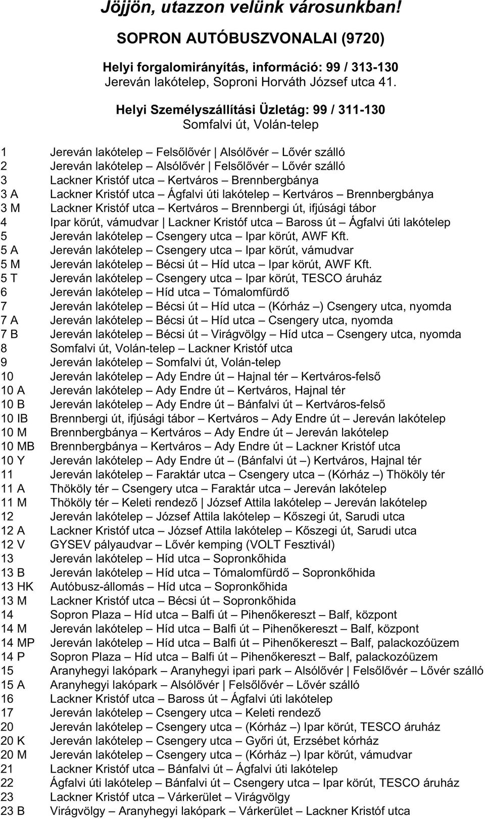 utca Kertváros Brennbergbánya 3 A Lackner Kristóf utca Ágfalvi úti lakótelep Kertváros Brennbergbánya 3 M Lackner Kristóf utca Kertváros Brennbergi út, ifjúsági tábor 4 Ipar körút, vámudvar Lackner