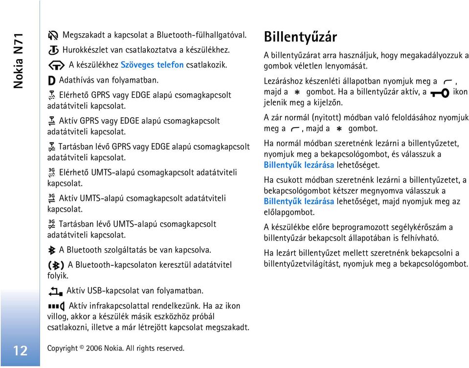 Tartásban lévõ GPRS vagy EDGE alapú csomagkapcsolt adatátviteli kapcsolat. Elérhetõ UMTS-alapú csomagkapcsolt adatátviteli kapcsolat. Aktív UMTS-alapú csomagkapcsolt adatátviteli kapcsolat.