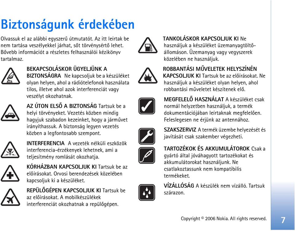 BEKAPCSOLÁSKOR ÜGYELJÜNK A BIZTONSÁGRA Ne kapcsoljuk be a készüléket olyan helyen, ahol a rádiótelefonok használata tilos, illetve ahol azok interferenciát vagy veszélyt okozhatnak.